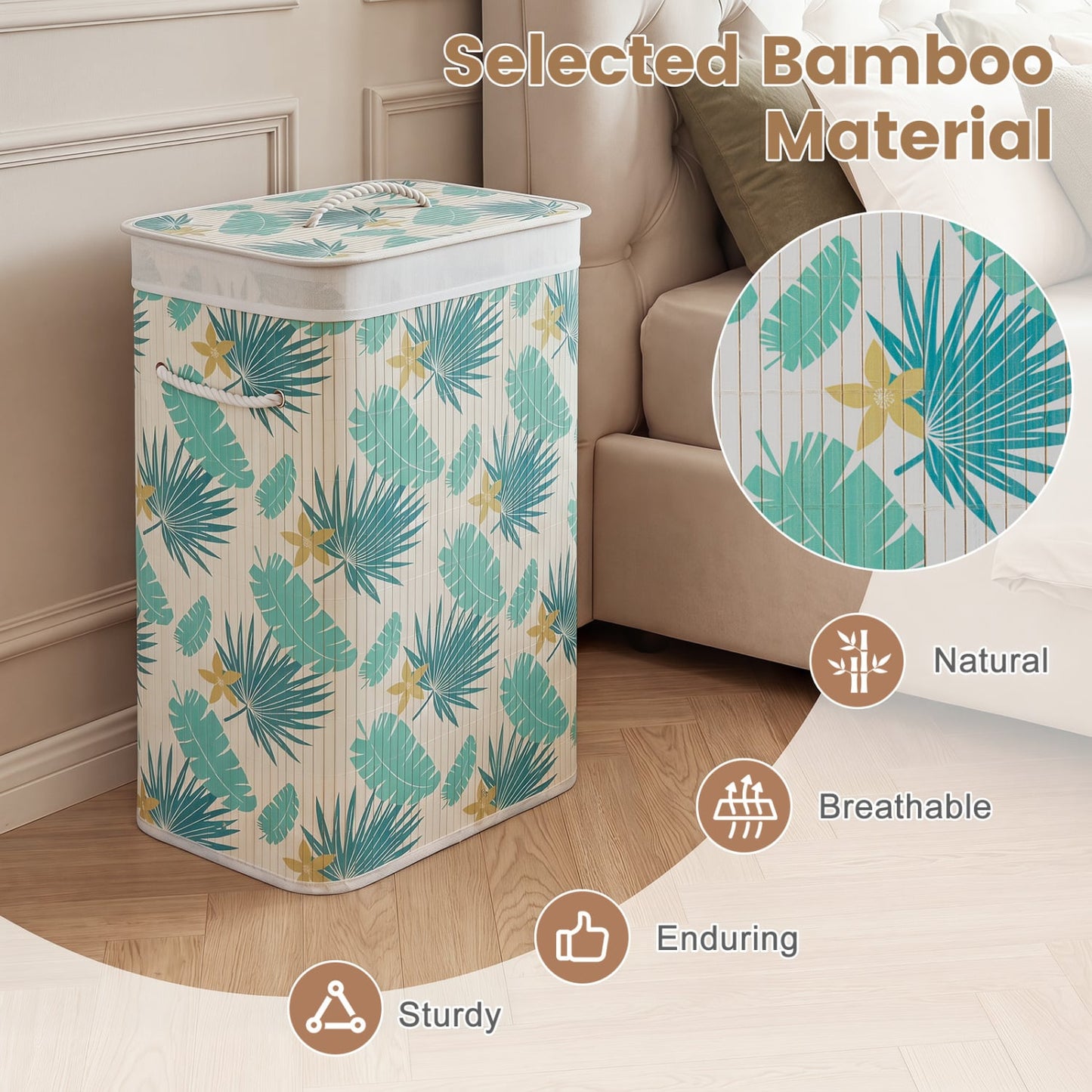 19 Gal Bamboo Clothes Hamper with Removable Liner and Portable Handles, Green