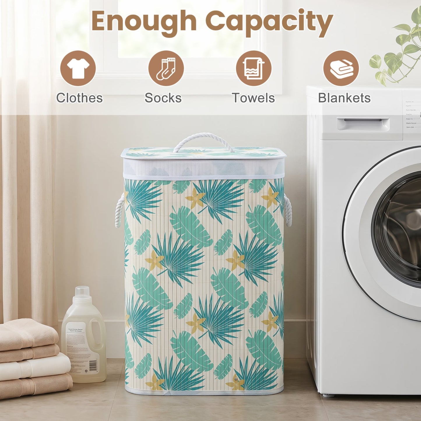 19 Gal Bamboo Clothes Hamper with Removable Liner and Portable Handles, Green