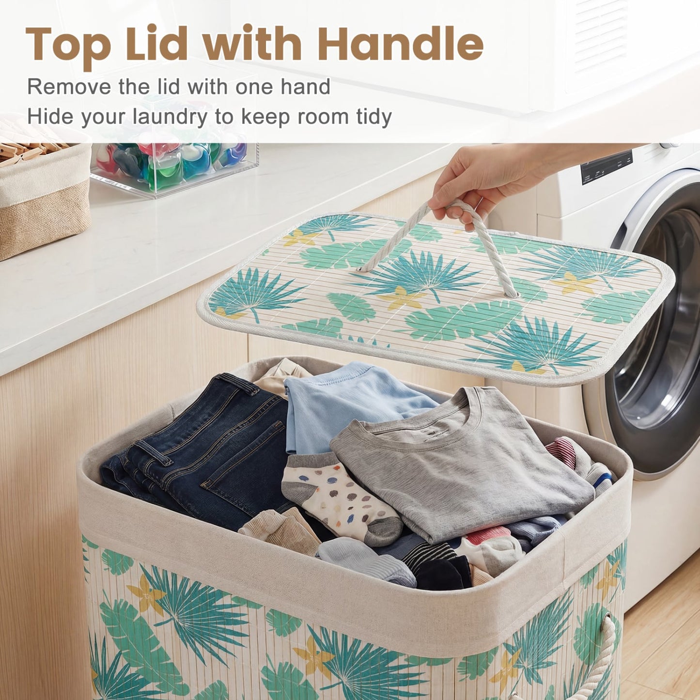 19 Gal Bamboo Clothes Hamper with Removable Liner and Portable Handles, Green