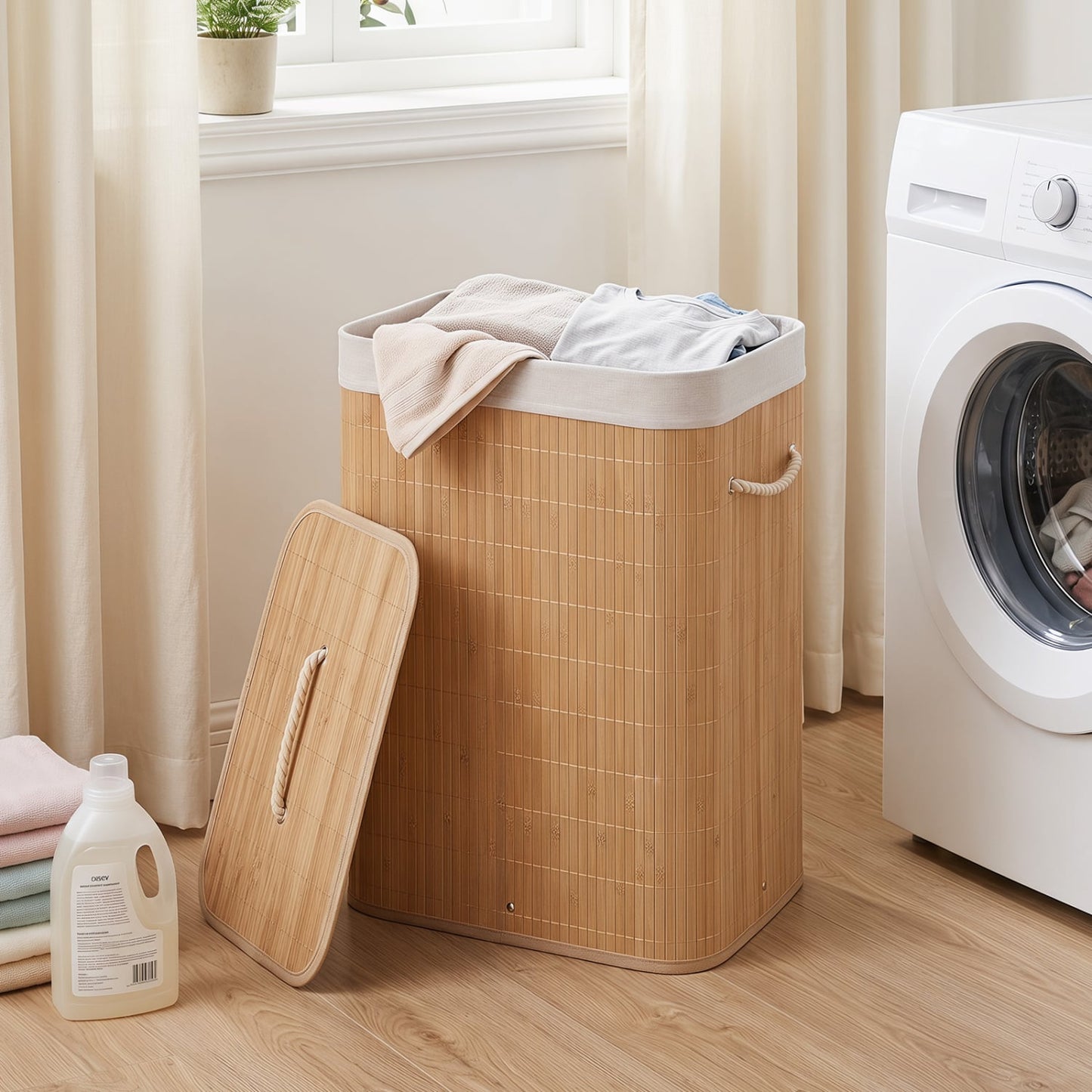 19 Gal Bamboo Clothes Hamper with Removable Liner and Portable Handles-Natrual, Natural