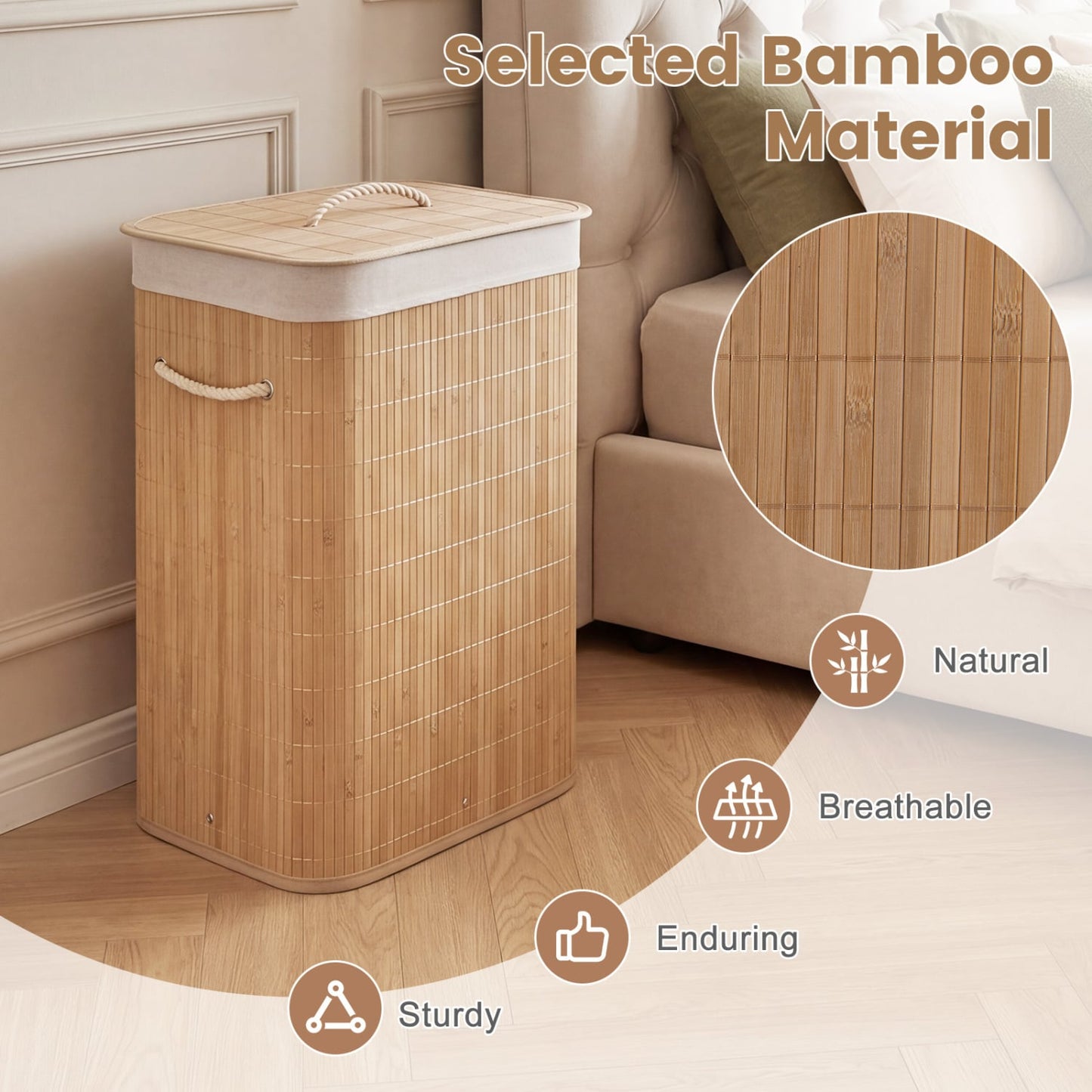19 Gal Bamboo Clothes Hamper with Removable Liner and Portable Handles-Natrual, Natural