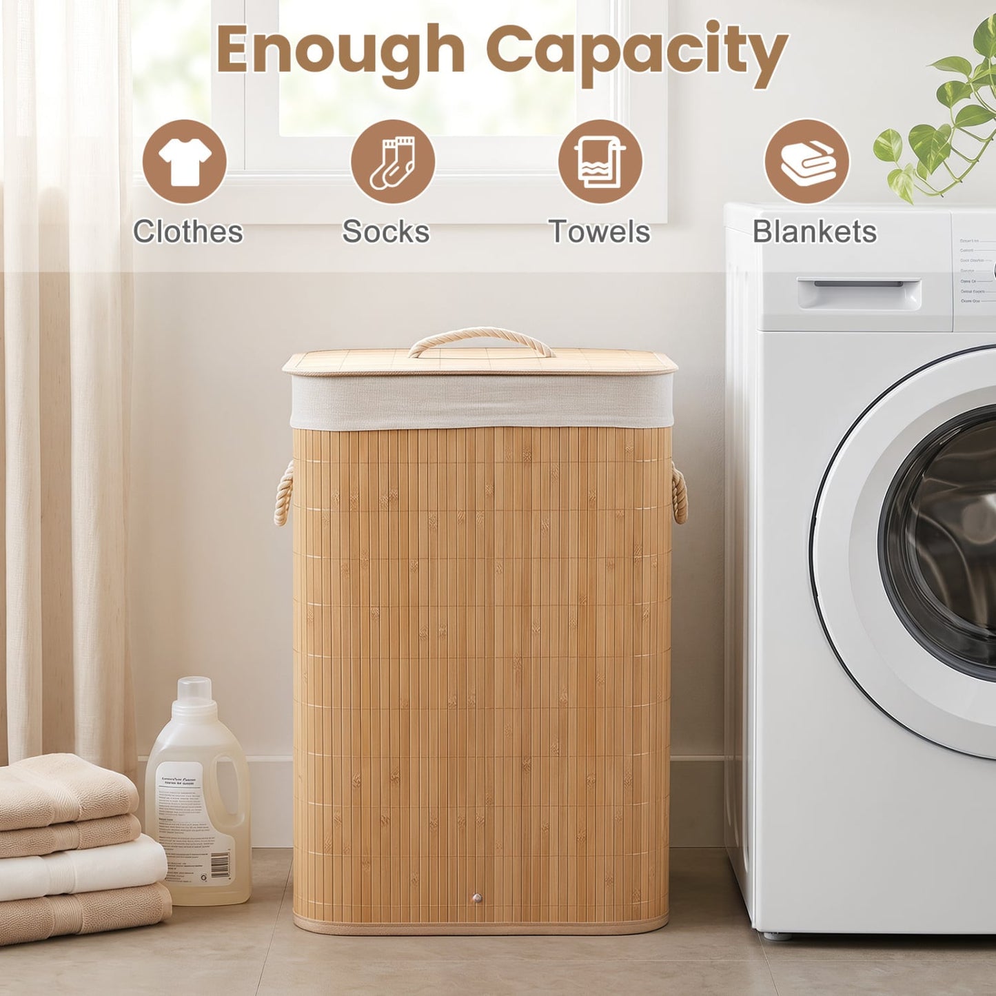 19 Gal Bamboo Clothes Hamper with Removable Liner and Portable Handles-Natrual, Natural