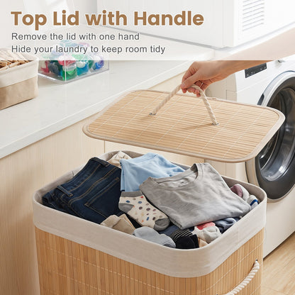 19 Gal Bamboo Clothes Hamper with Removable Liner and Portable Handles-Natrual, Natural