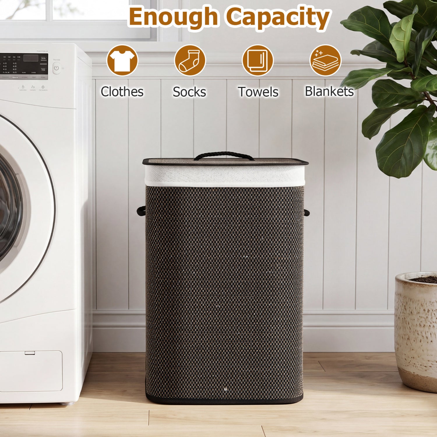 19 Gal Capacity Bamboo Clothes Hamper with Removable Liner and Portable Handles, Black Laundry Baskets at Gallery Canada