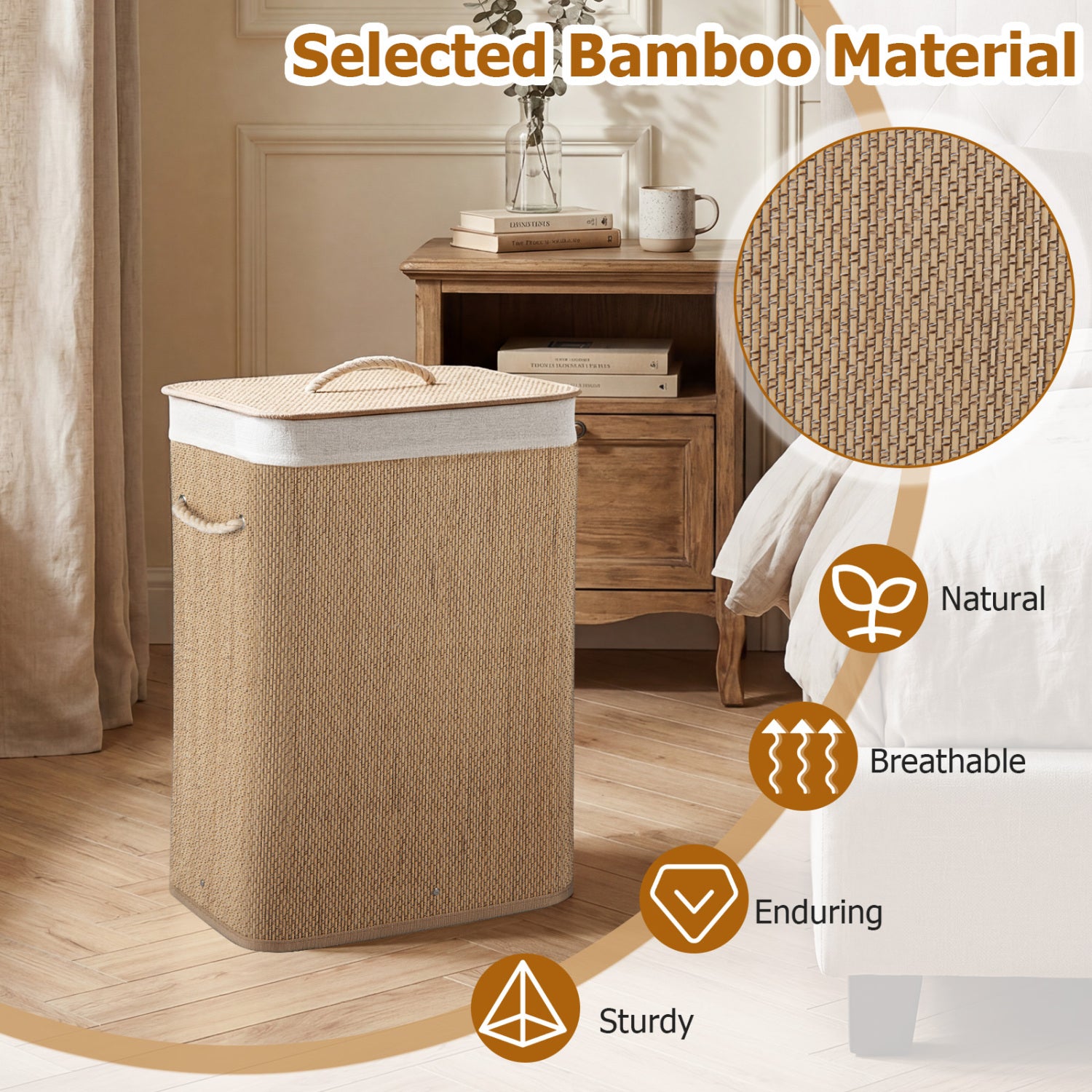 19 Gal Capacity Bamboo Clothes Hamper with Removable Liner and Portable Handles-Natrual, Natural Laundry Baskets at Gallery Canada