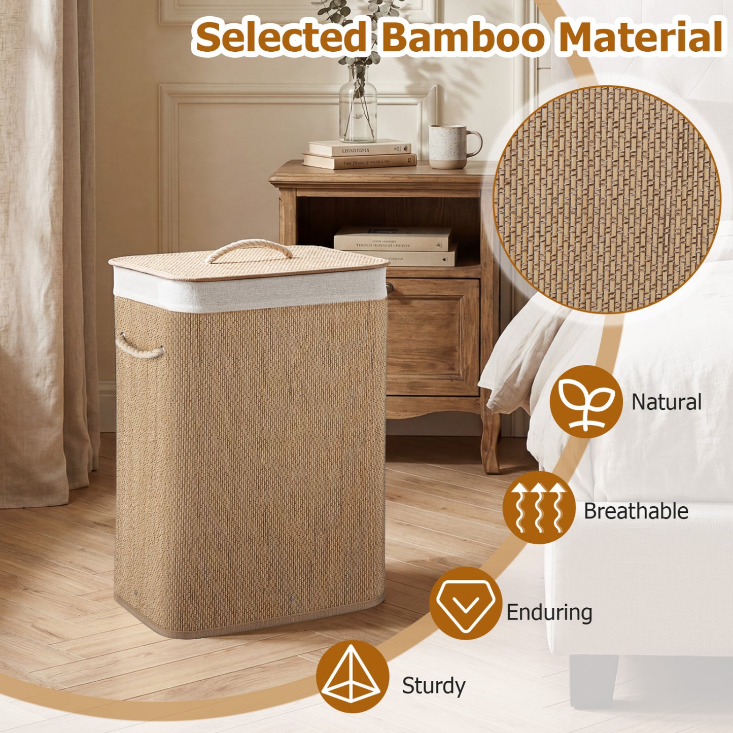 19 Gal Capacity Bamboo Clothes Hamper with Removable Liner and Portable Handles-Natrual, Natural Laundry Baskets at Gallery Canada