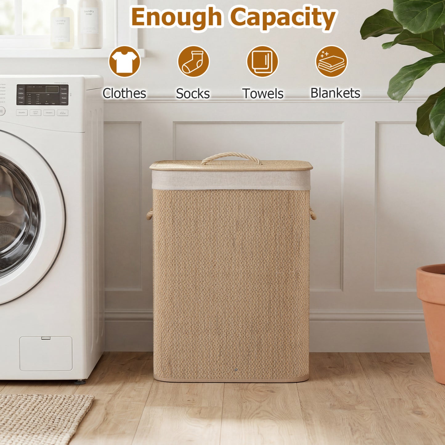 19 Gal Capacity Bamboo Clothes Hamper with Removable Liner and Portable Handles-Natrual, Natural Laundry Baskets at Gallery Canada