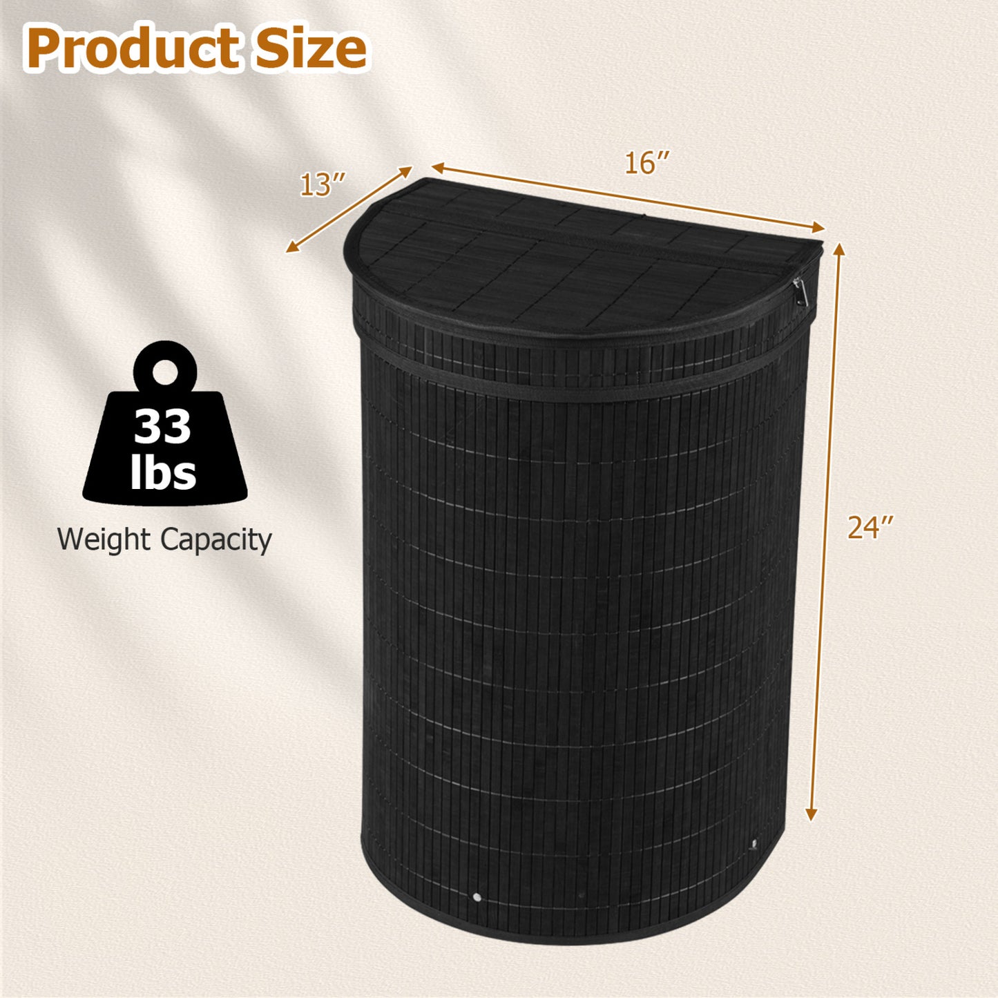 19 Gal Bamboo Laundry Hamper With Zippered Lid, Black