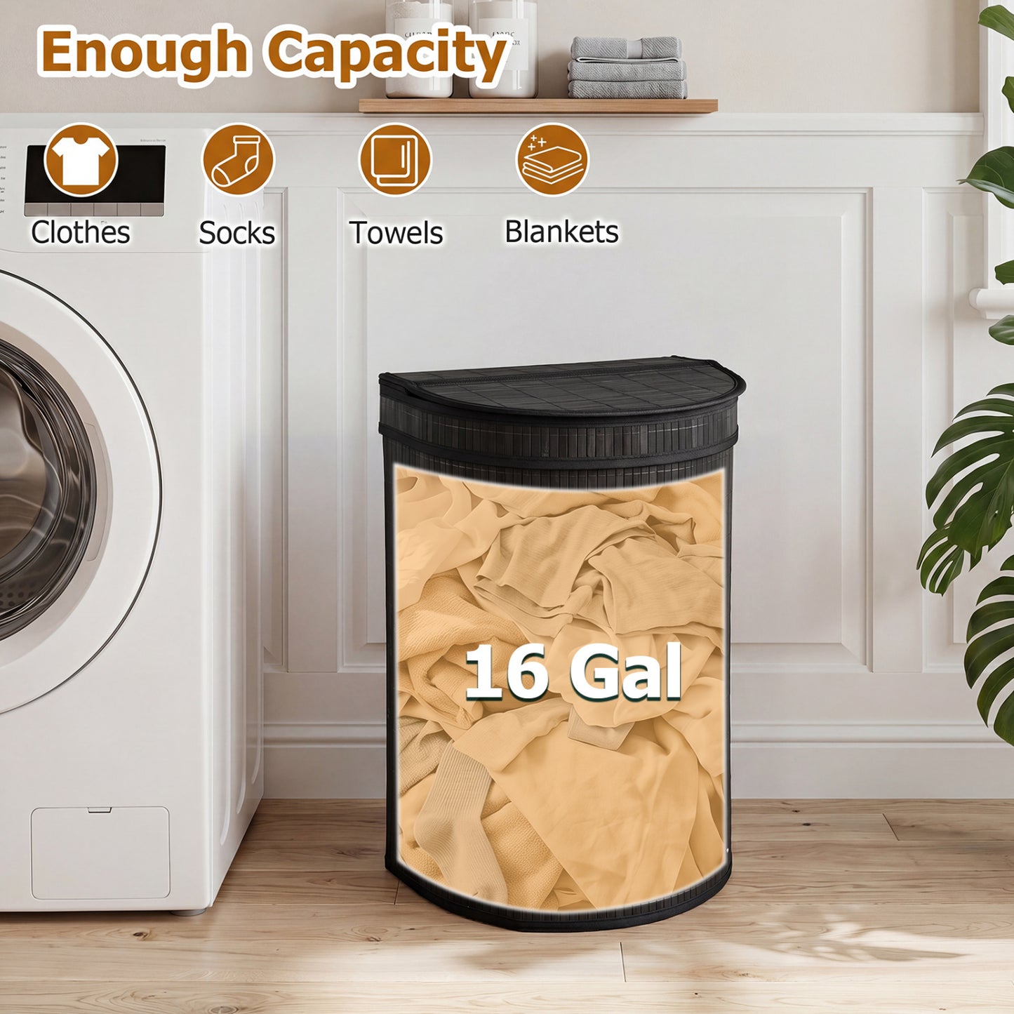 19 Gal Bamboo Laundry Hamper With Zippered Lid, Black