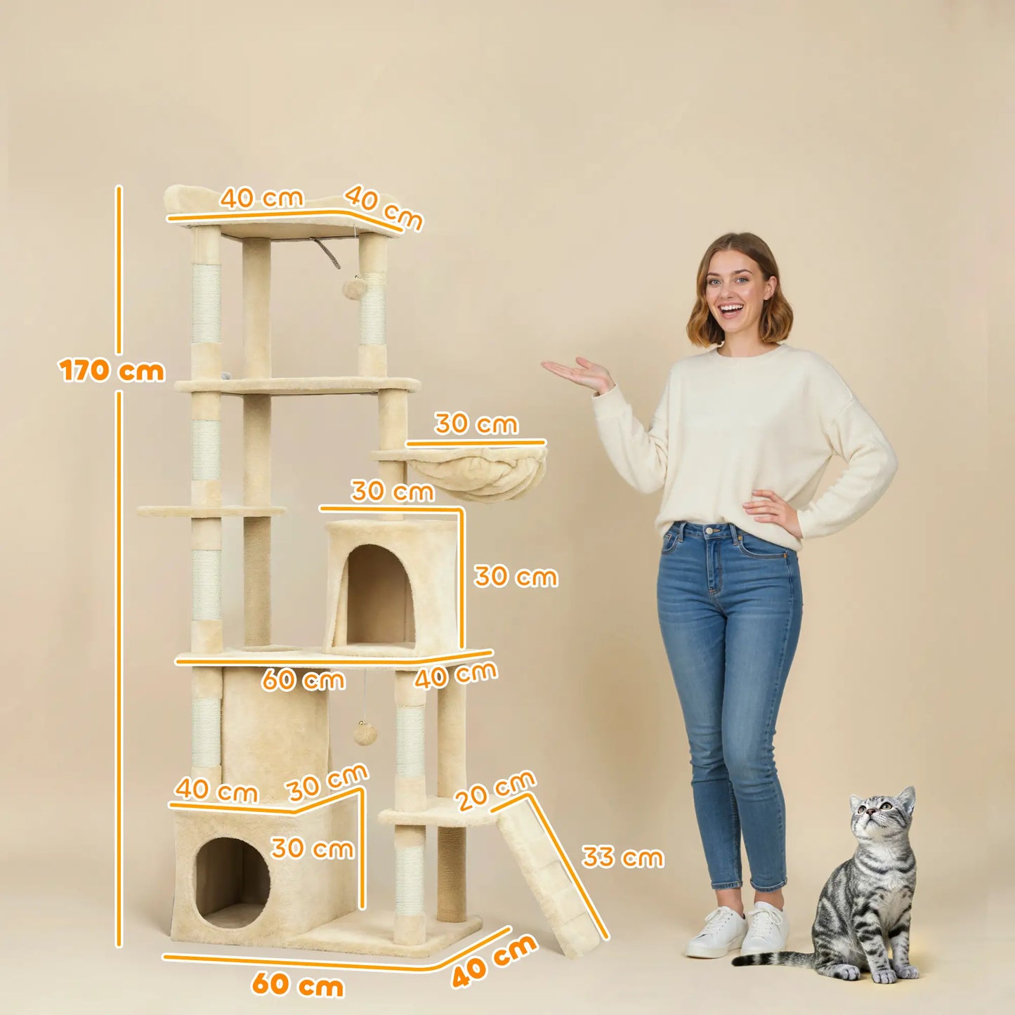 67" Large Cat Tree with 7 Scratching Posts, Tunnel, 2 Condos, Hammock, Perch, Ramp, Pompoms, Beige