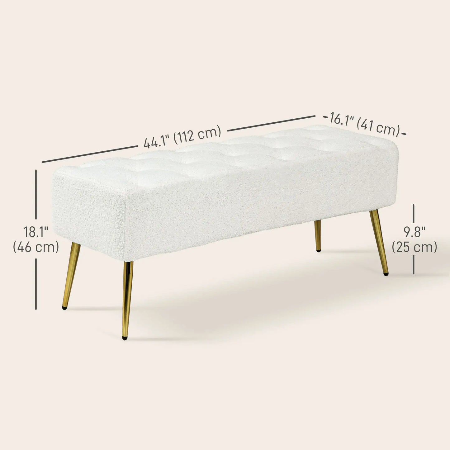 44" Lamb's Wool Upholstered Bedroom Bench, Thick Padded Cushion, Cream White Storage Ottomans & Benches at Gallery Canada