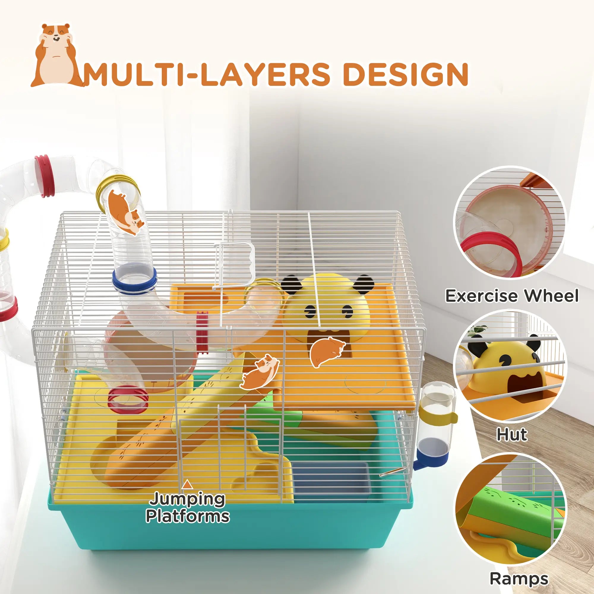 3 Tier Hamster Cage With Tunnels, Water Bottle, Exercise Wheel, 18