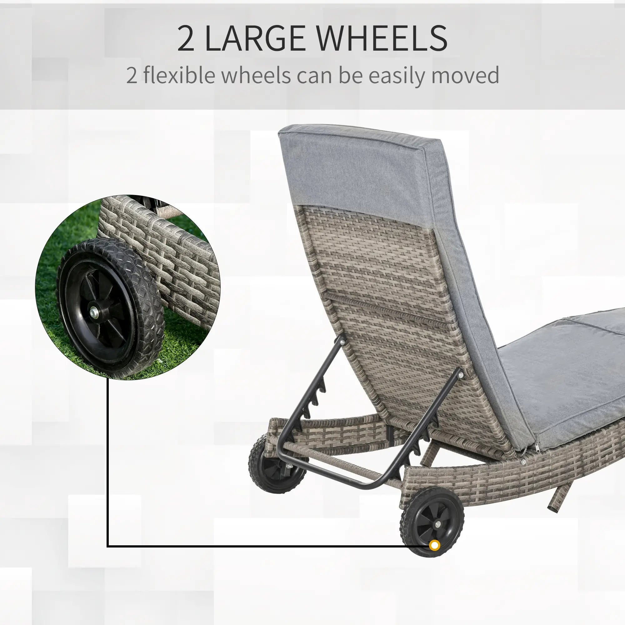 Adjustable Wicker Chaise Lounge Chair with Cushion, Wheels, Grey Chaise Loungers at Gallery Canada