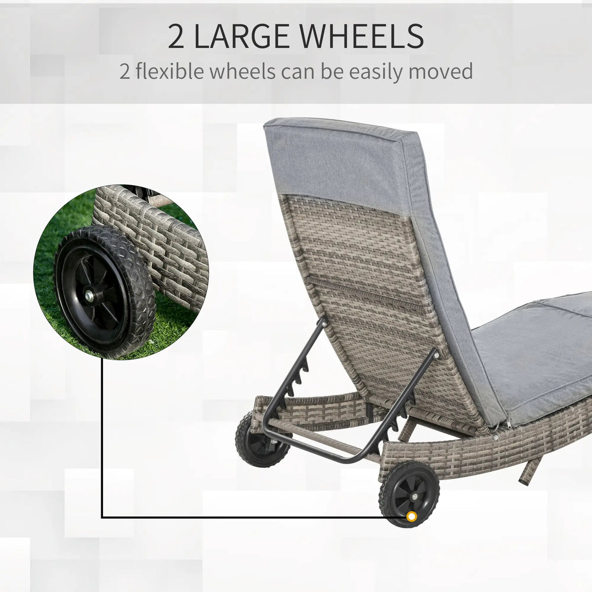 Adjustable Wicker Chaise Lounge Chair with Cushion, Wheels, Grey Chaise Loungers at Gallery Canada