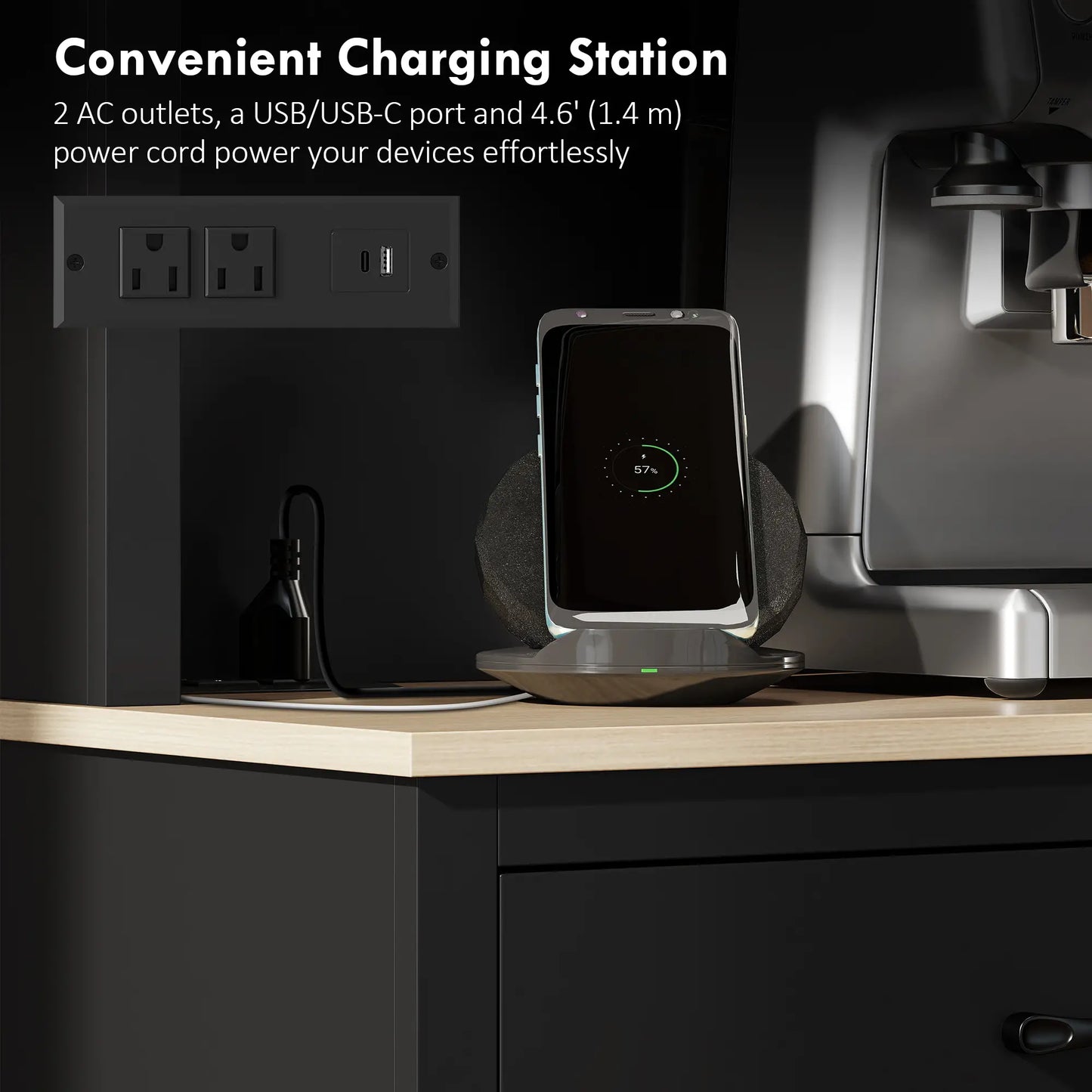 69 Inch Pantry Cabinet with Charging Station, Microwave Stand, Tilt-Out Trash Can, Black Kitchen Pantry Cabinets at Gallery Canada