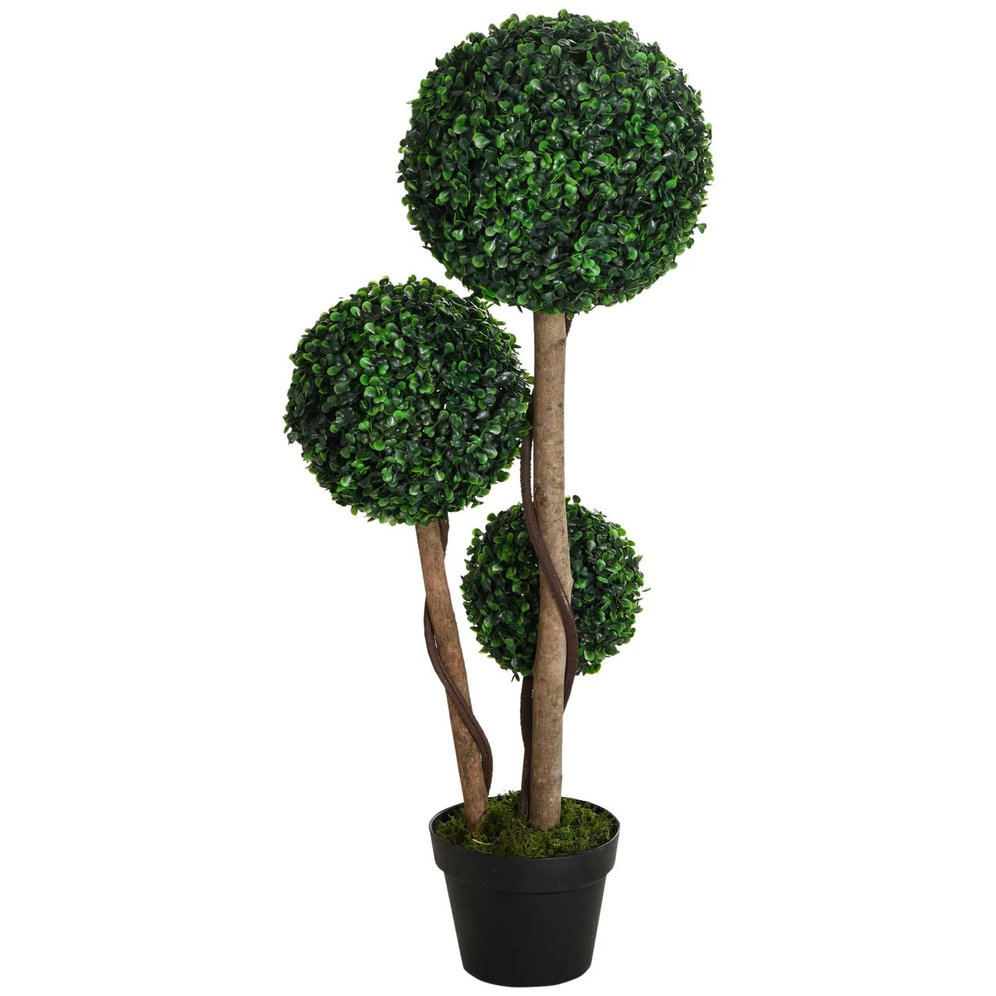 35 Inch Artificial Boxwood Topiary Tree, Triple Ball, Dark Green Artificial Trees Dark Green at Gallery Canada