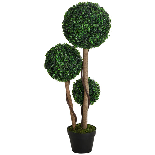 35 Inch Artificial Boxwood Topiary Tree, Triple Ball, Dark Green