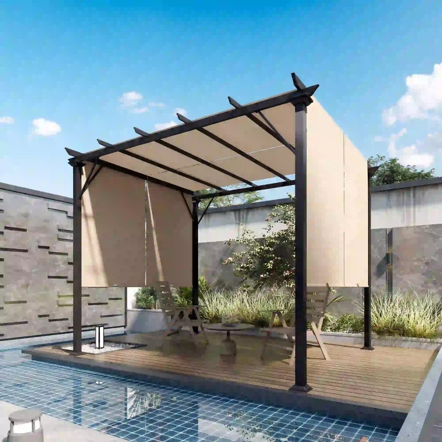 12' x 10' Outdoor Gazebo, Retractable Canopy, Steel Frame, Light Brown Pergolas at Gallery Canada