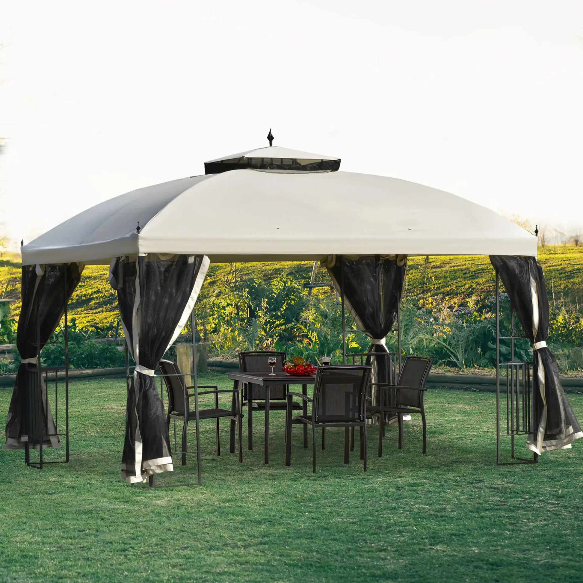 12' x 10' Outdoor Gazebo, Double Tier Roof, Removable Mesh, Beige Gazebos at Gallery Canada