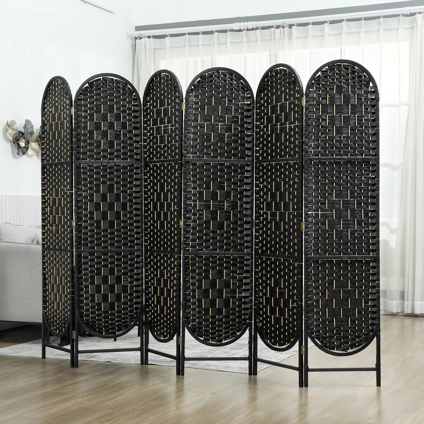 Bohemian Privacy Screen, 6 Panel Folding Room Divider, Arched Top, Black Room Dividers at Gallery Canada