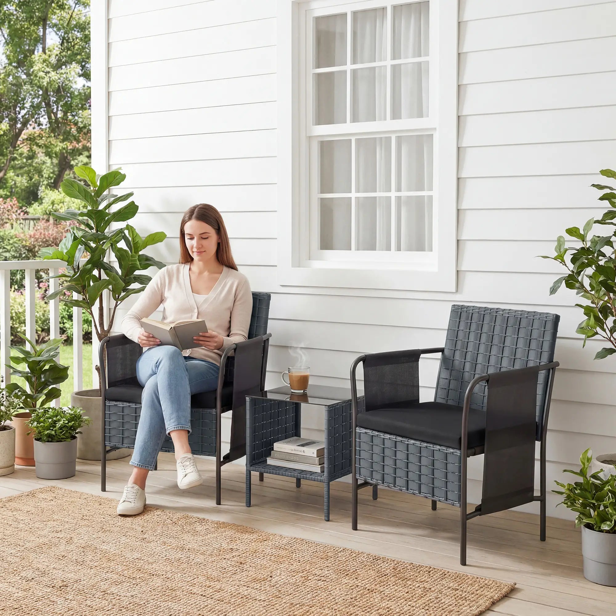 3 Piece Wicker Patio Furniture Set, Side Pockets, Mesh Seat, Black Bistro Sets at Gallery Canada