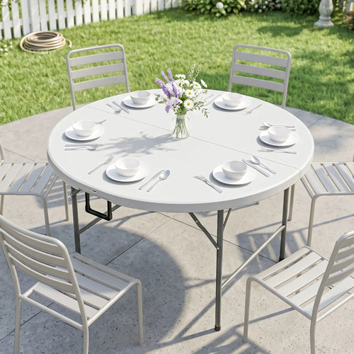 Folding Patio Table 48 Inch Round HDPE Picnic Card Table for 6, White