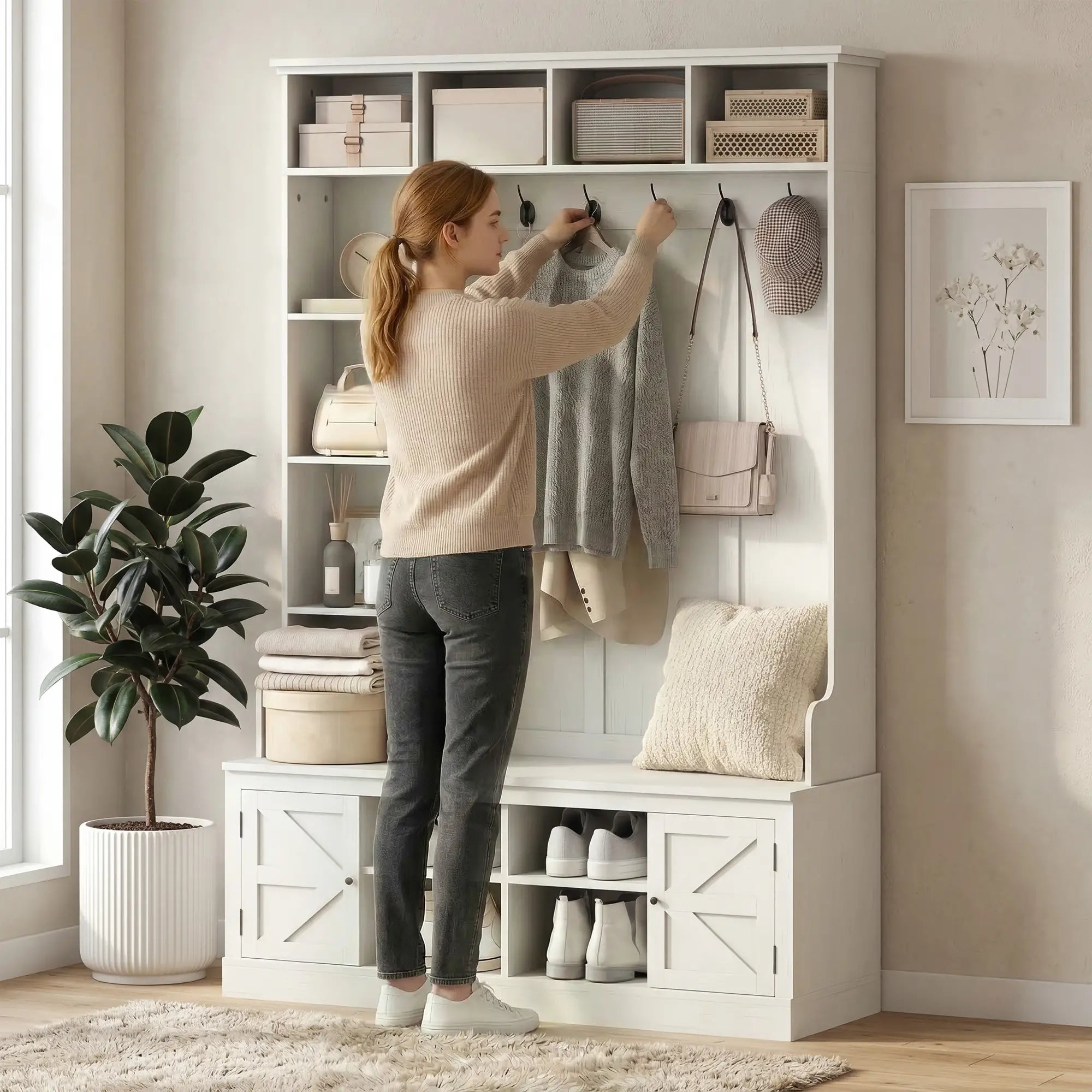 Hall Tree Bench With Shoe Storage, 12 Shelves, 2 Cabinets, 5 Hooks, White Clothing Storage at Gallery Canada
