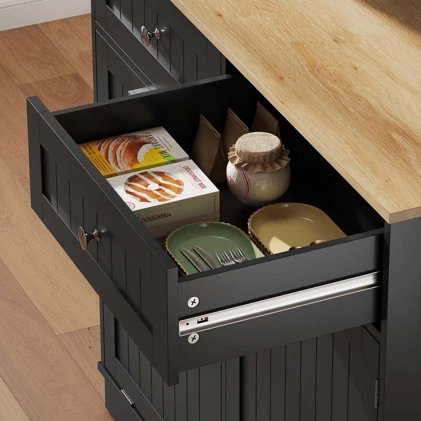 68 Inch Pantry Cabinet with Charging Station, Microwave Stand, Trash Can, Black Kitchen Pantry Cabinets at Gallery Canada