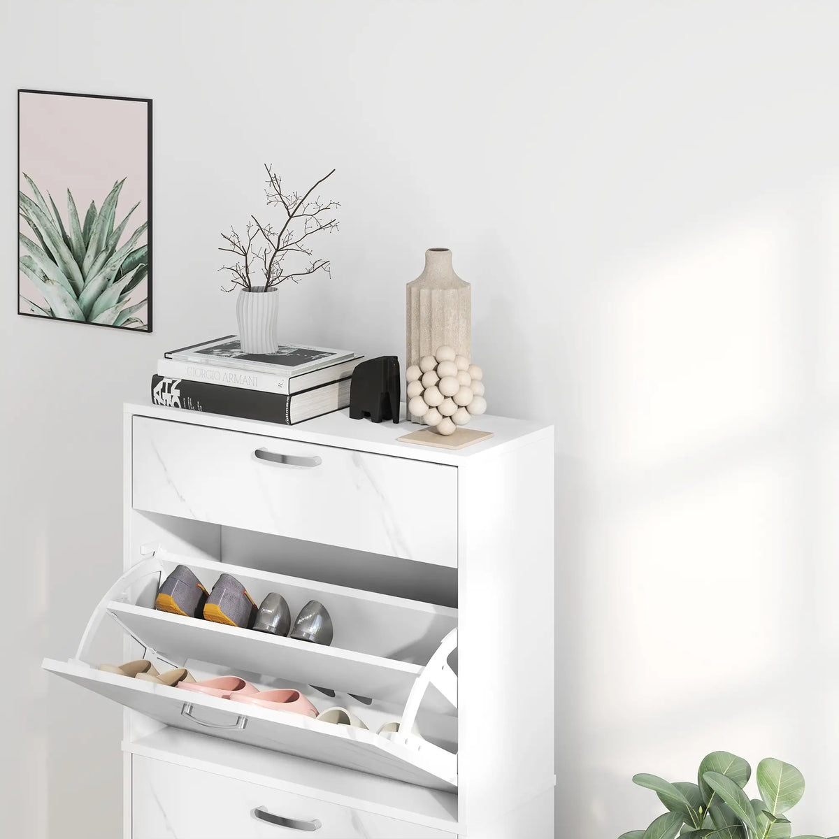 3 Flip Drawer Shoe Cabinet, Marble-Effect Narrow, White