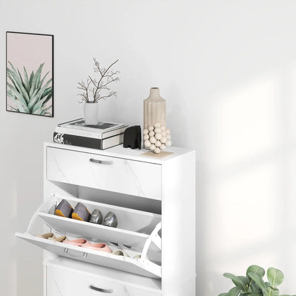 3 Flip Drawer Shoe Cabinet, Marble-Effect Narrow, White