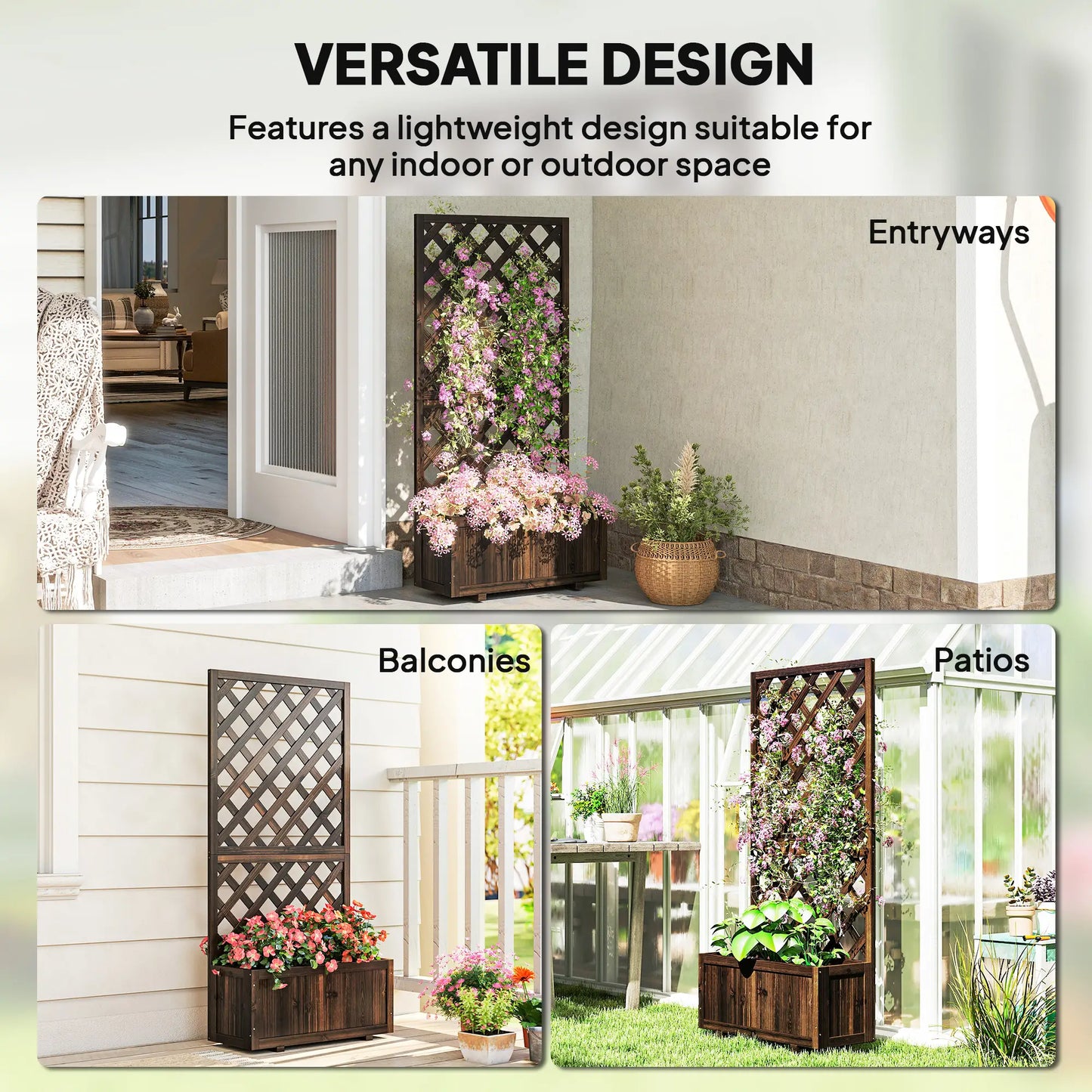 2.4 x 1 x 4.9 ft Wooden Pine Trough Planter with Trellis, Carbonized Wooden Planter Boxes at Gallery Canada