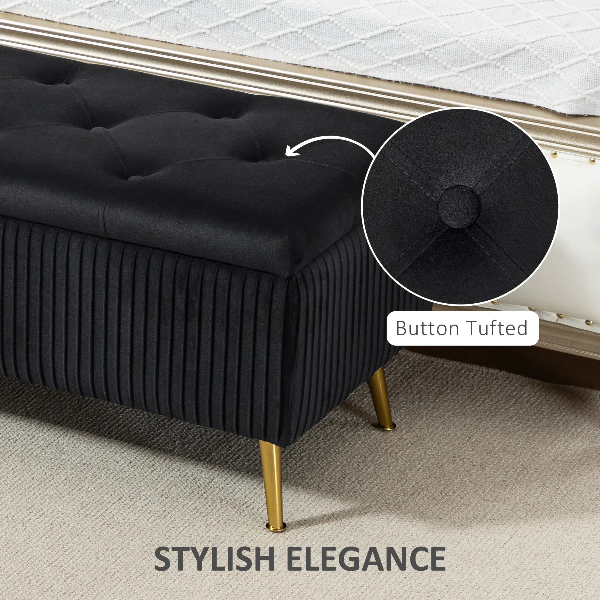 43 Inch Storage Ottoman Bench, Steel Legs, Padded Seat, Black Storage Ottomans & Benches at Gallery Canada
