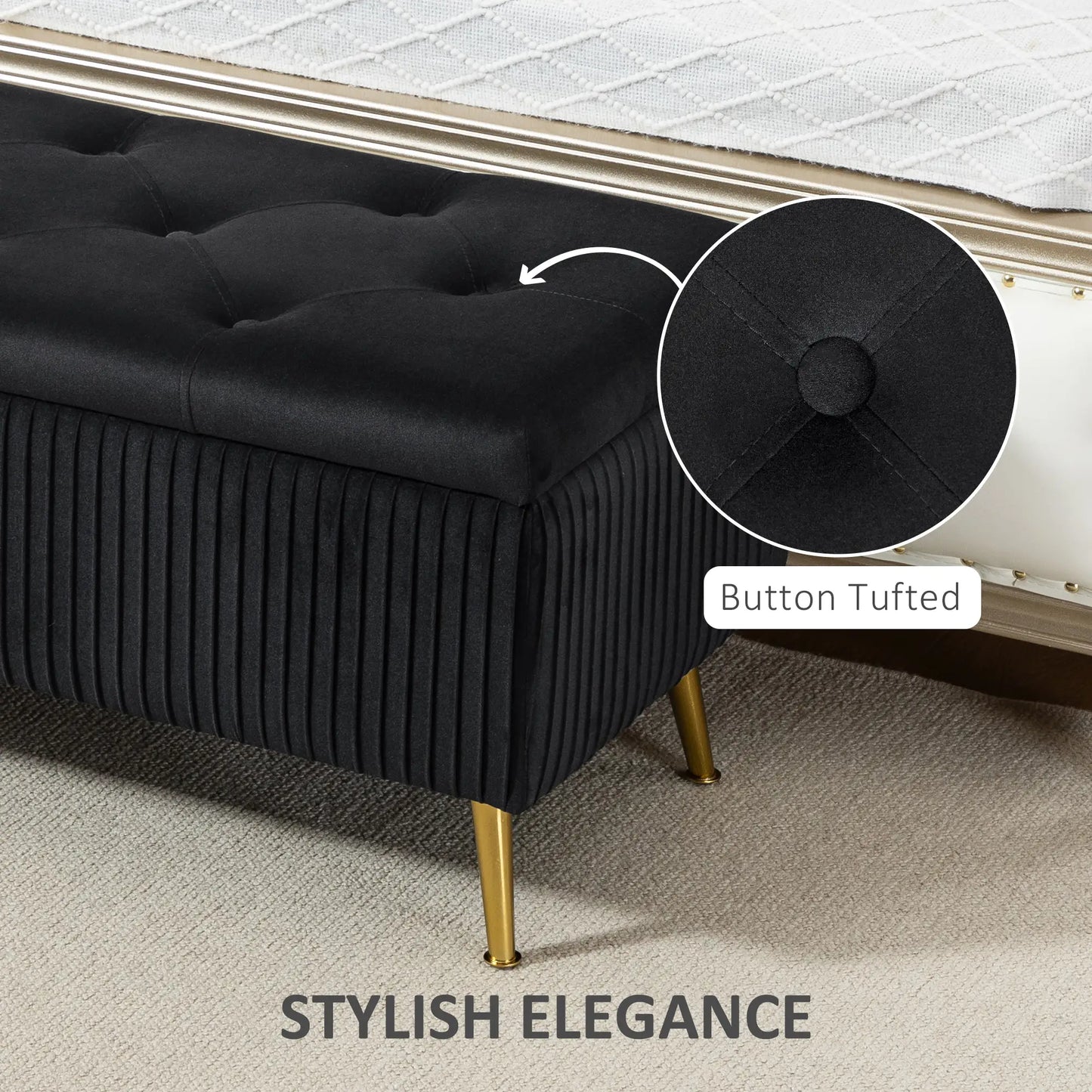 43 Inch Storage Ottoman Bench, Steel Legs, Padded Seat, Black Storage Ottomans & Benches at Gallery Canada