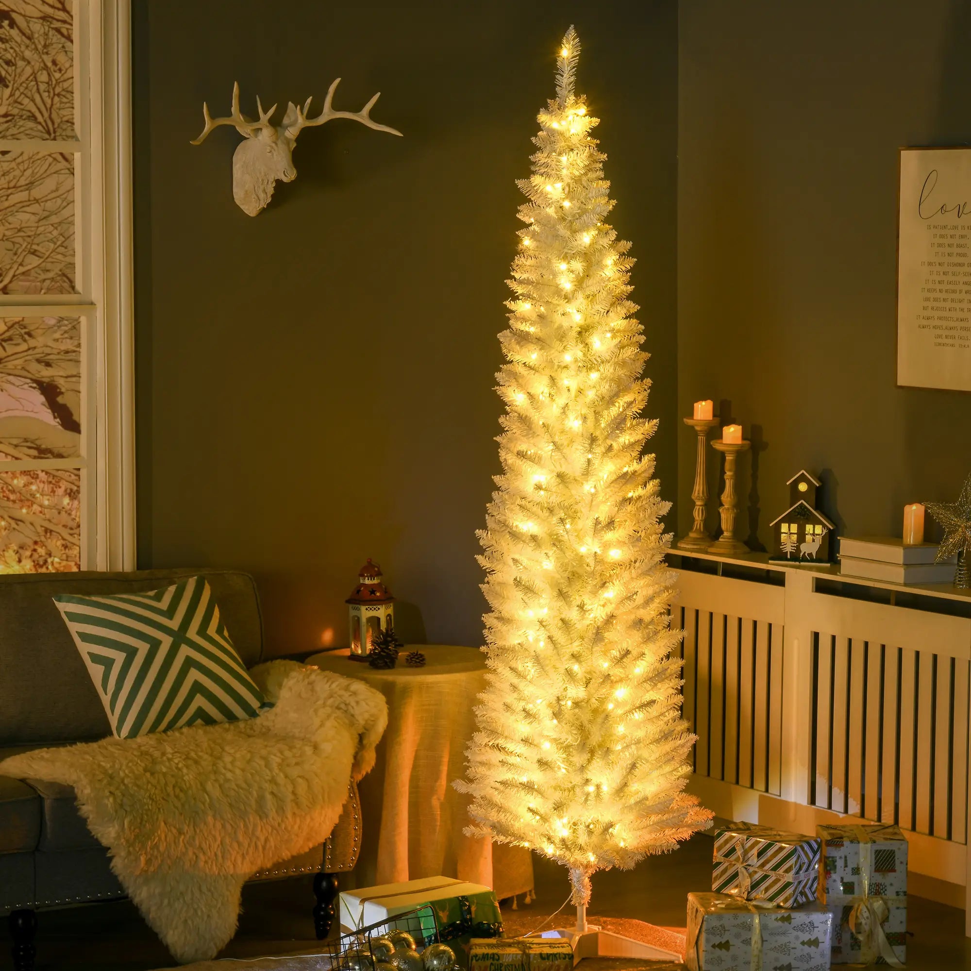 7' Pre Lit Artificial Pencil Christmas Tree, Warm White LED Lights, White Pencil Christmas Trees at Gallery Canada