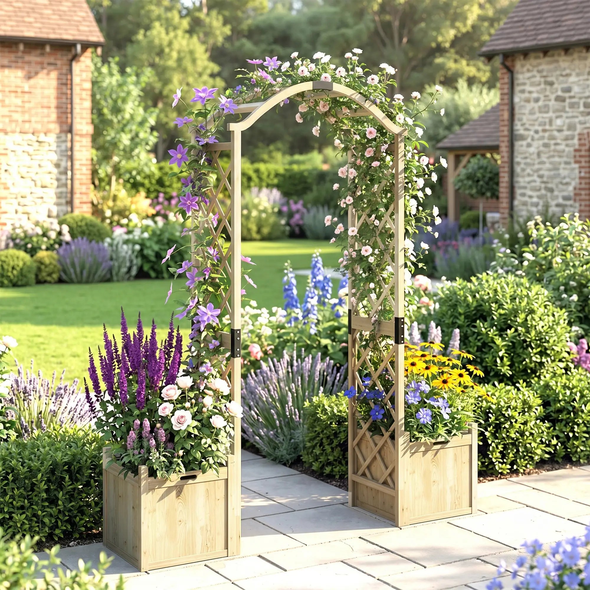 Wooden Garden Arch With 2 Planter Boxes, Arch Trellis, Natural Wood Garden Arches at Gallery Canada