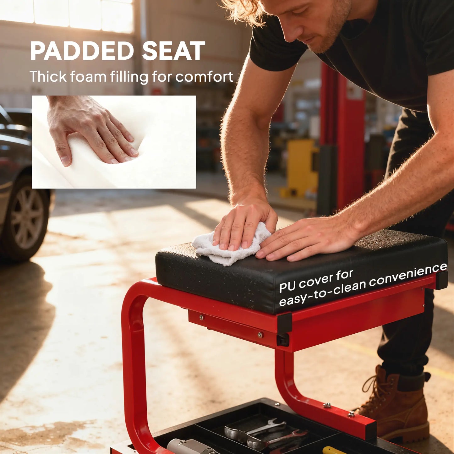 Rolling Garage Stool, 300 LBS Capacity, Tool Trays, Drawer, Black Automotive at Gallery Canada
