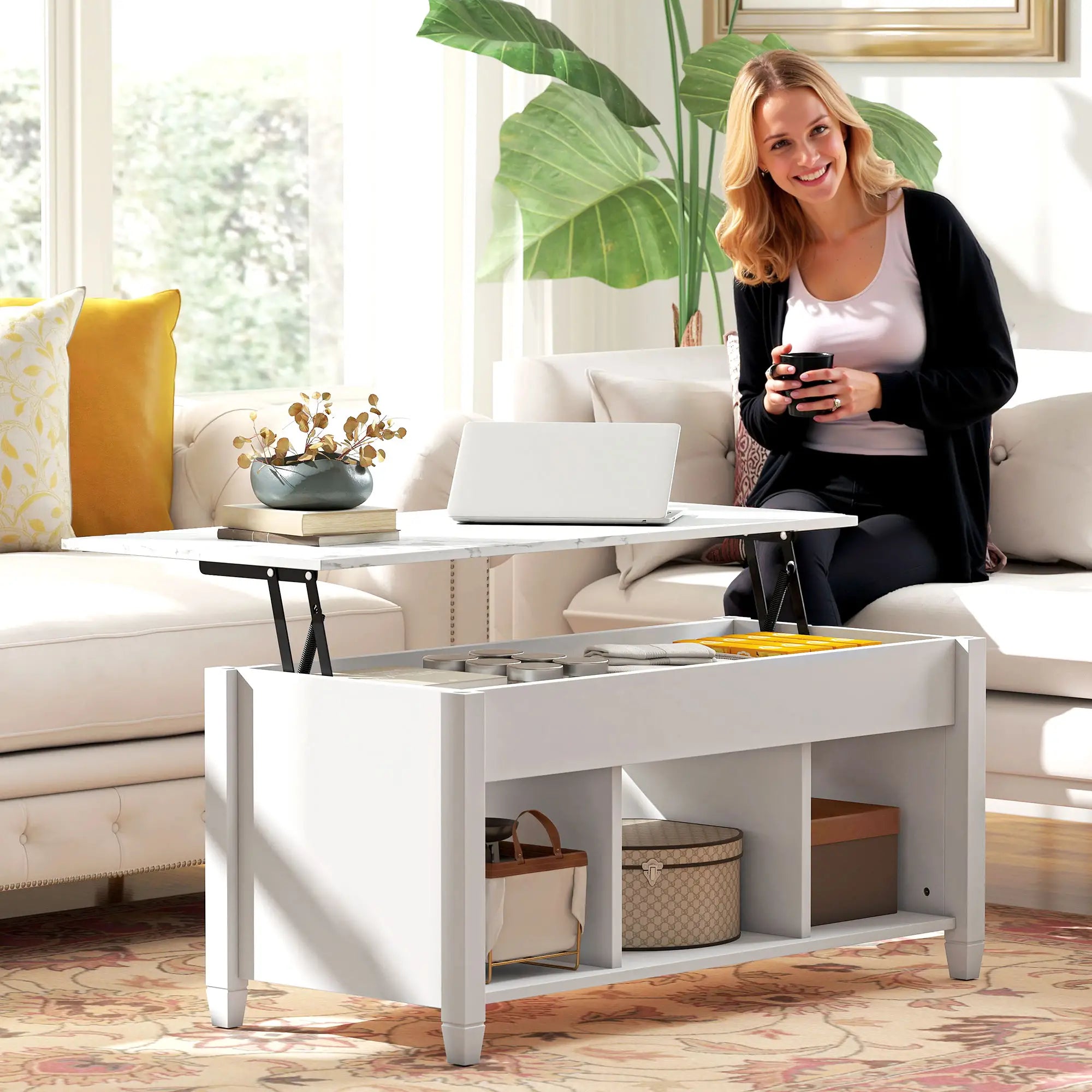 Lift Top Coffee Table, Storage Shelves, Hidden Compartment, 41