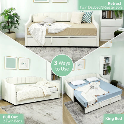 Upholstered Twin Trundle Bed, Extendable Twin To King, Cream White