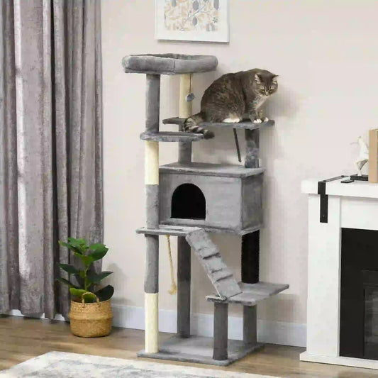 58" Tall Cat Tree for Large Cats, Scratching Posts, Bed, House, Toys, Grey Cat Towers Grey at Gallery Canada