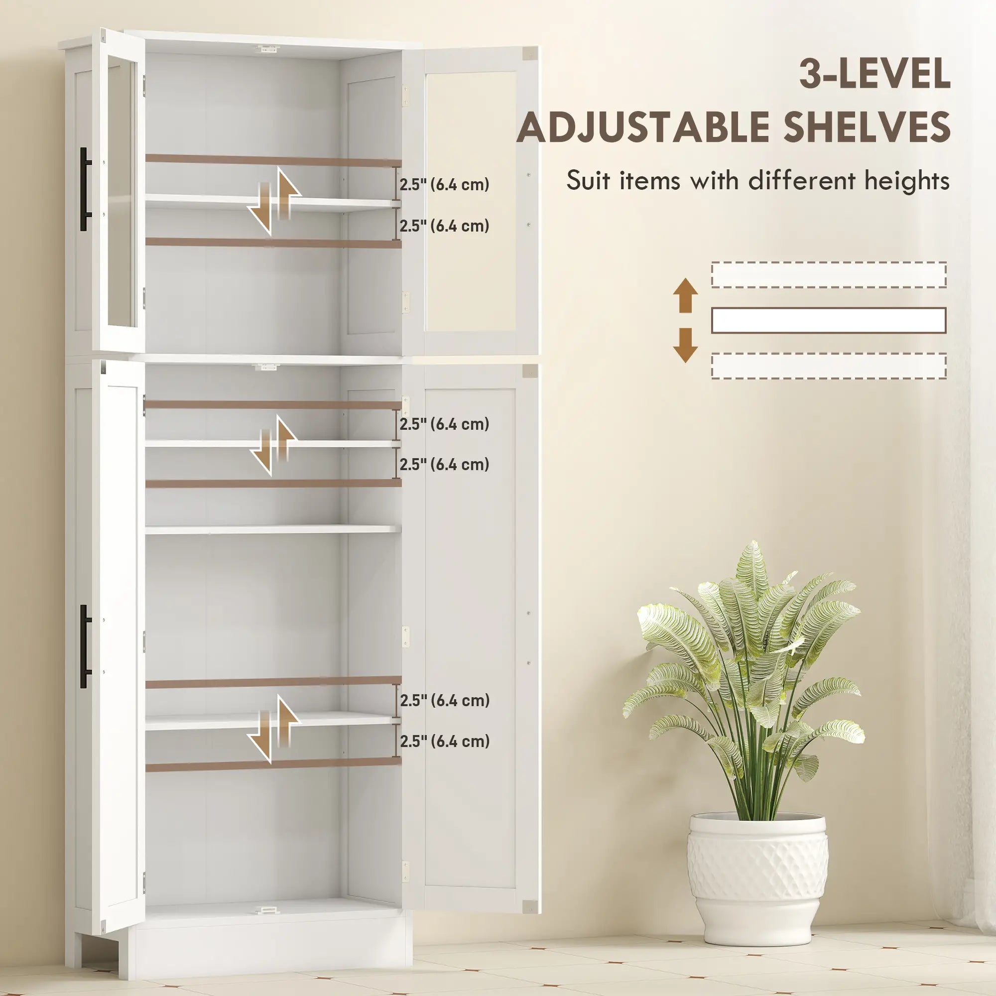 Tall Bathroom Cabinet, Glass Doors, Adjustable Shelves, White Freestanding Bathroom Cabinets at Gallery Canada