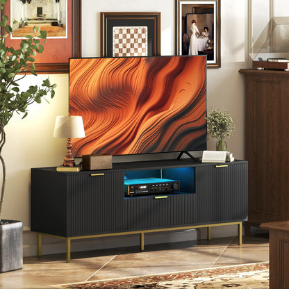 Modern TV Console, 50 Inch, With RGB LED Lights, Soft Close Doors, Black TV Stands at Gallery Canada