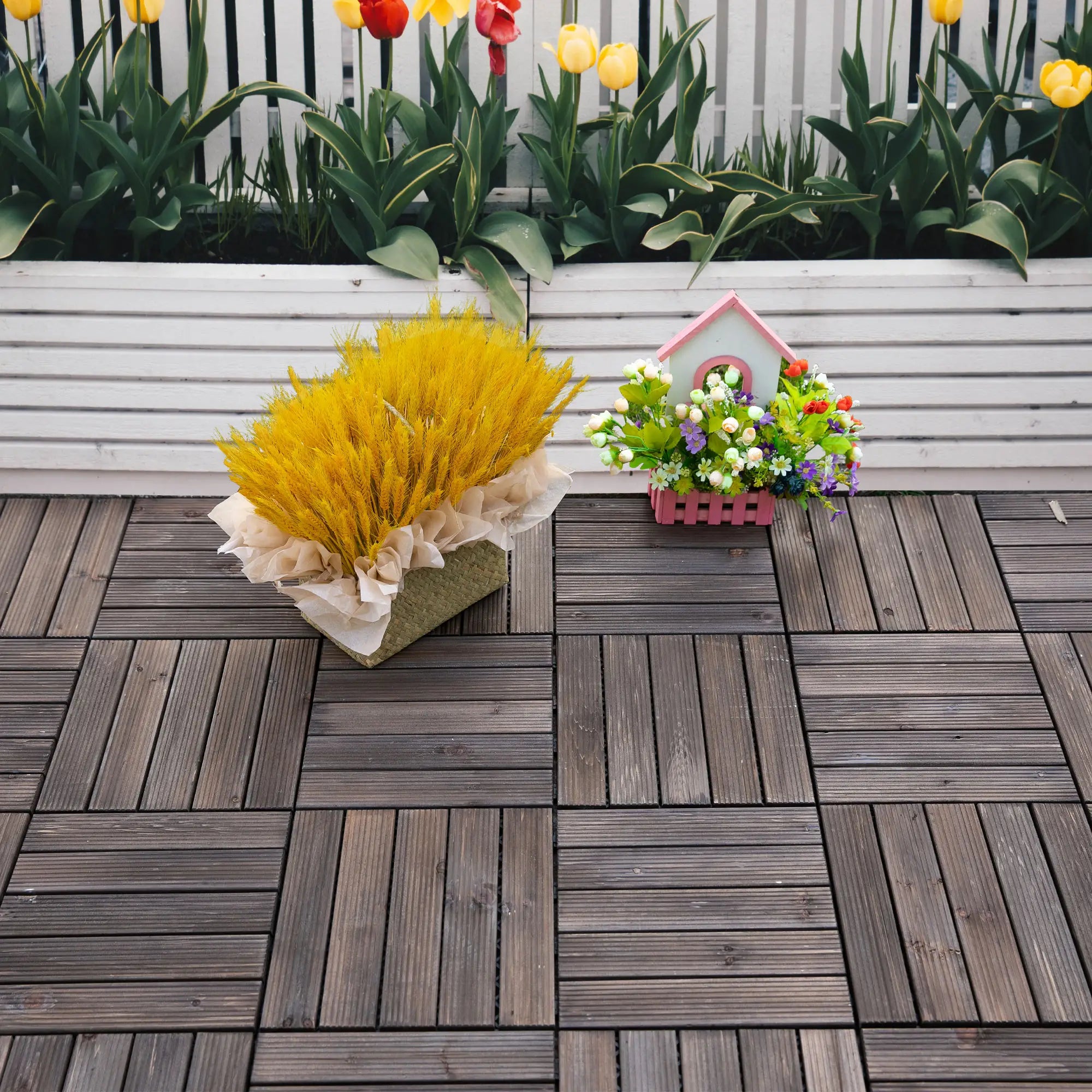 27 Pcs Wood Interlocking Deck Tiles, 12 x 12in, Black Deck Tiles at Gallery Canada