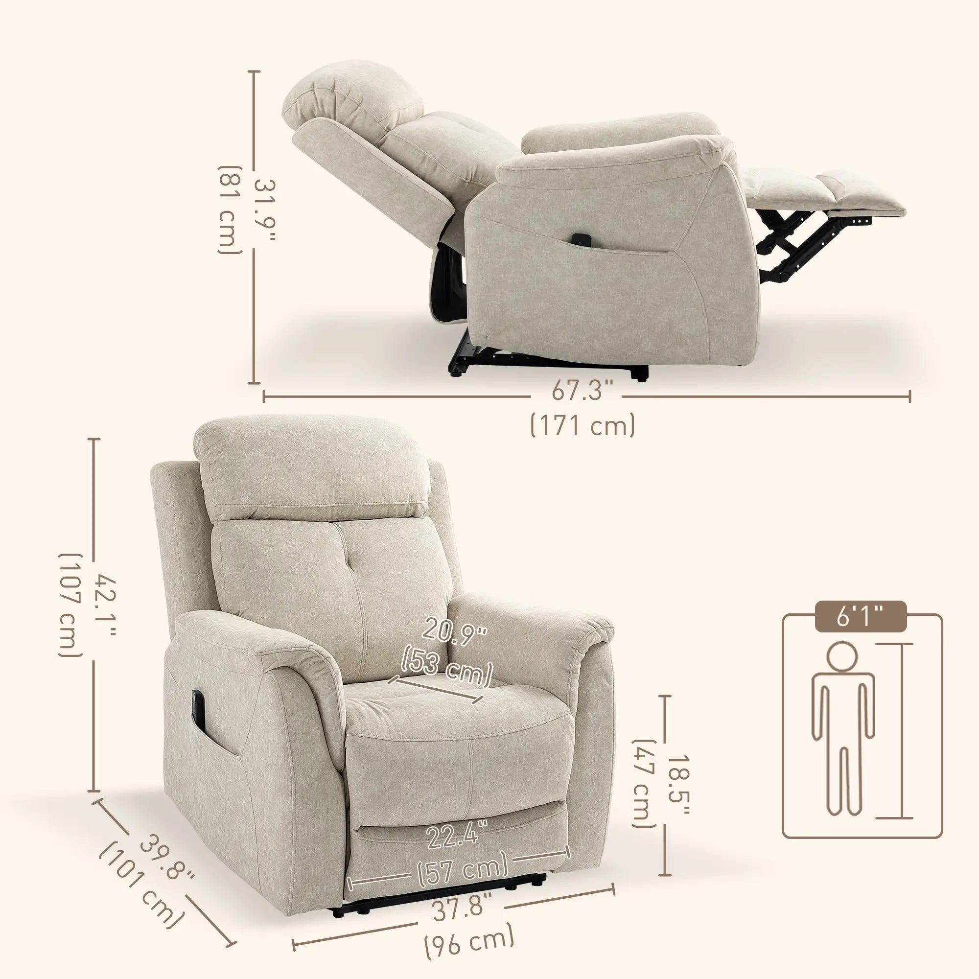 Manual Recliner Chair, Vibration Massage, Living Room, Side Pockets, Beige Single Sofas at Gallery Canada