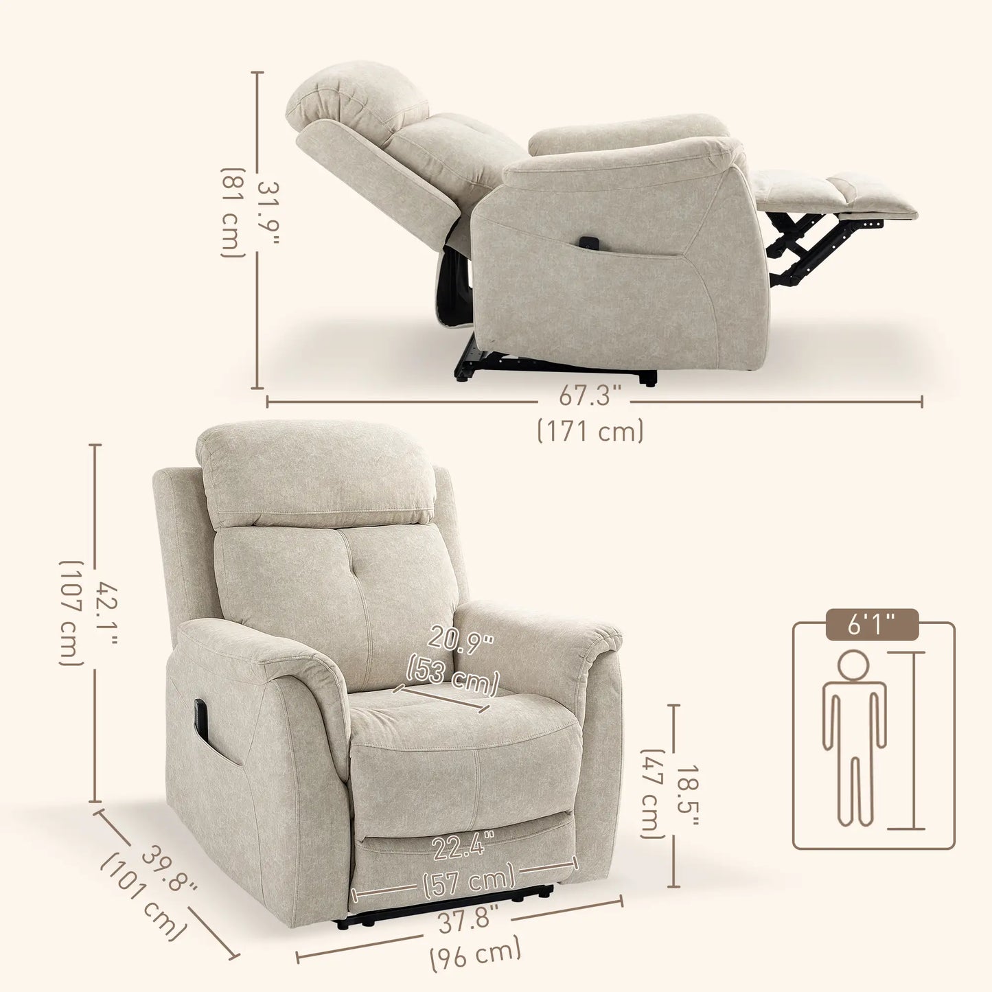Manual Recliner Chair, Vibration Massage, Living Room, Side Pockets, Beige Single Sofas at Gallery Canada