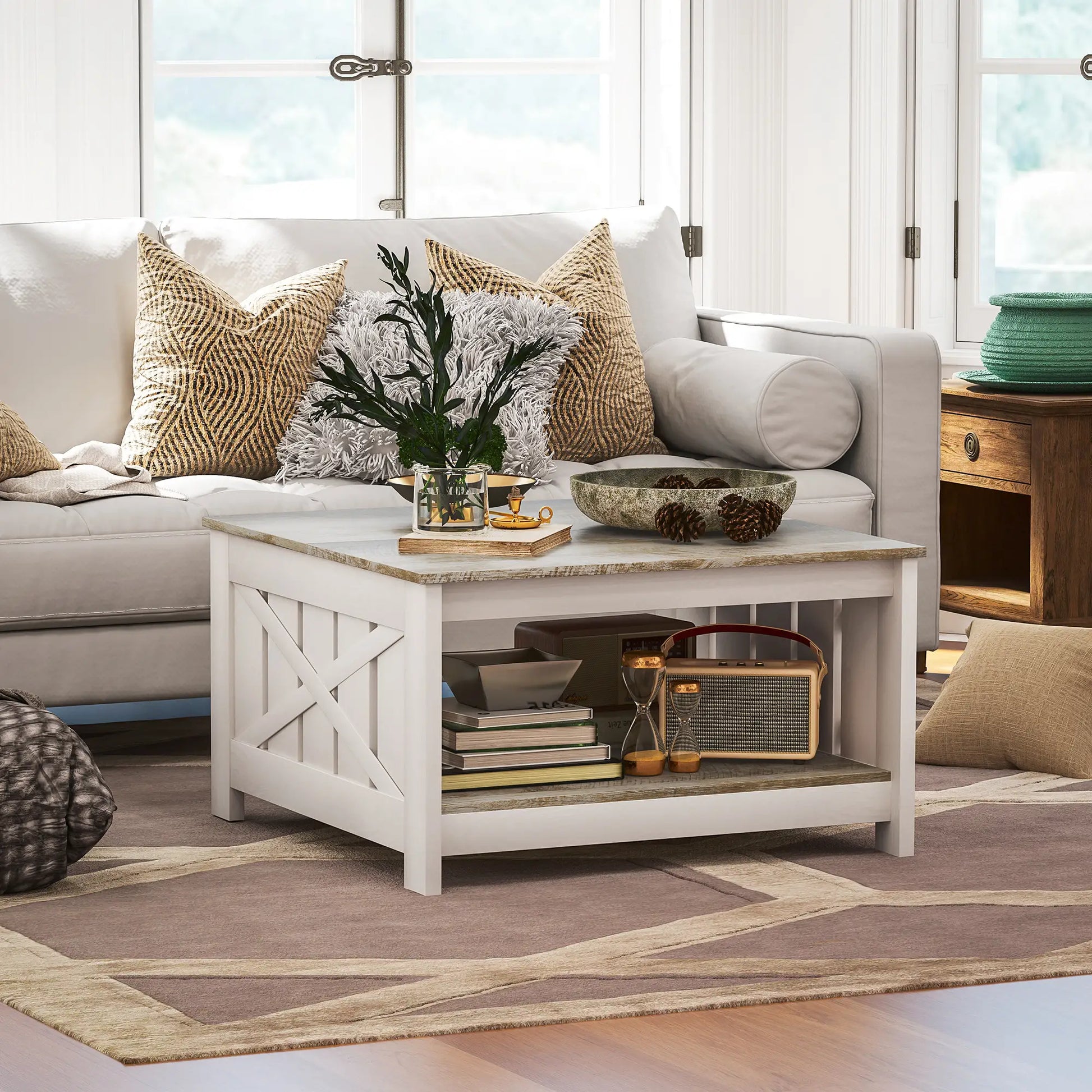 31.5" Square Coffee Table, Farmhouse 2-Tier, Distressed Oak Brown, Brown Coffee Tables at Gallery Canada