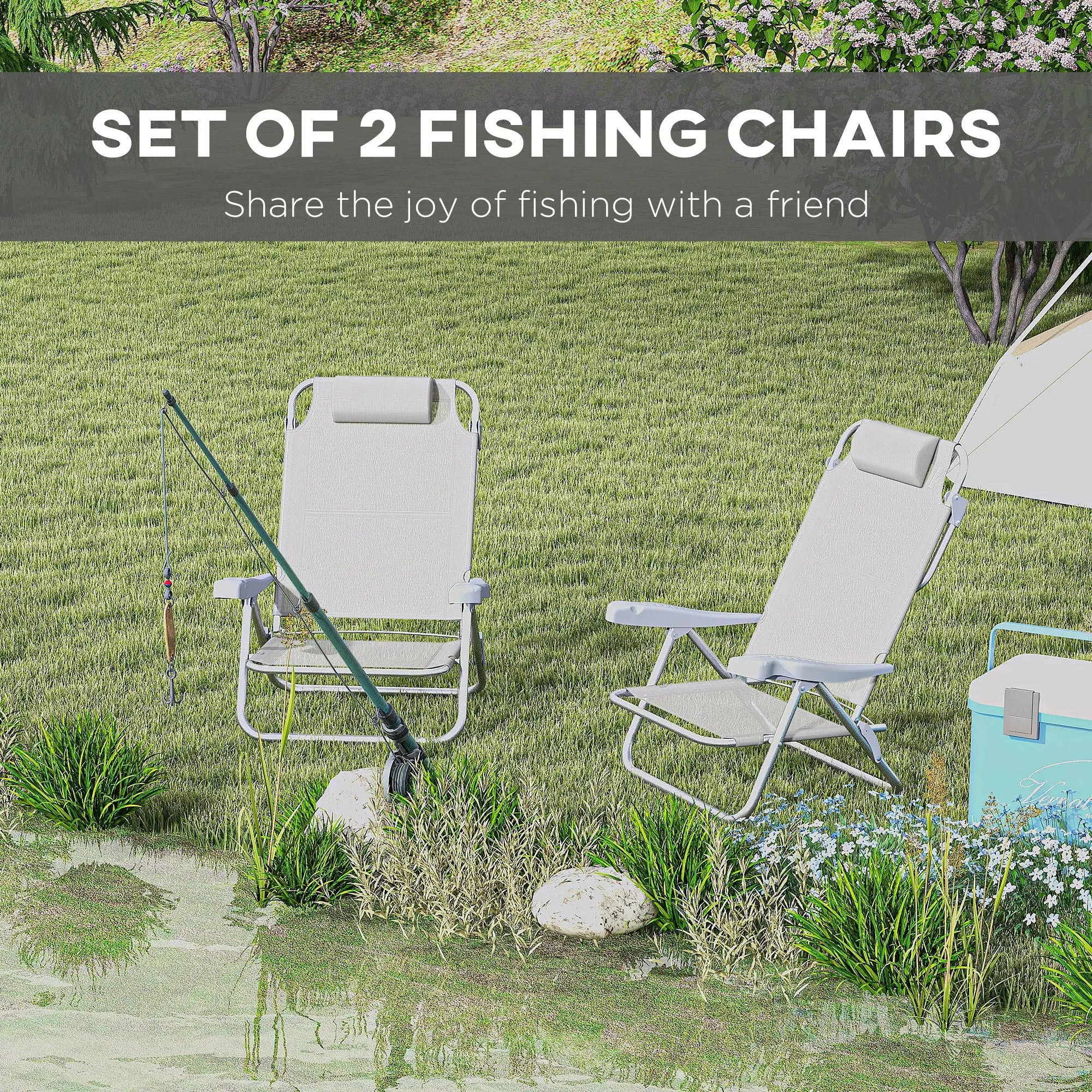 Set of 2 Fishing Chairs, Adjustable Backrest, Headrest, Light Grey Picnic Tables & Camping Chairs at Gallery Canada