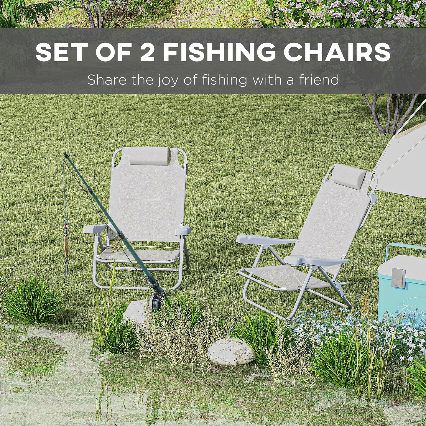 Set of 2 Fishing Chairs, Adjustable Backrest, Headrest, Light Grey Picnic Tables & Camping Chairs at Gallery Canada