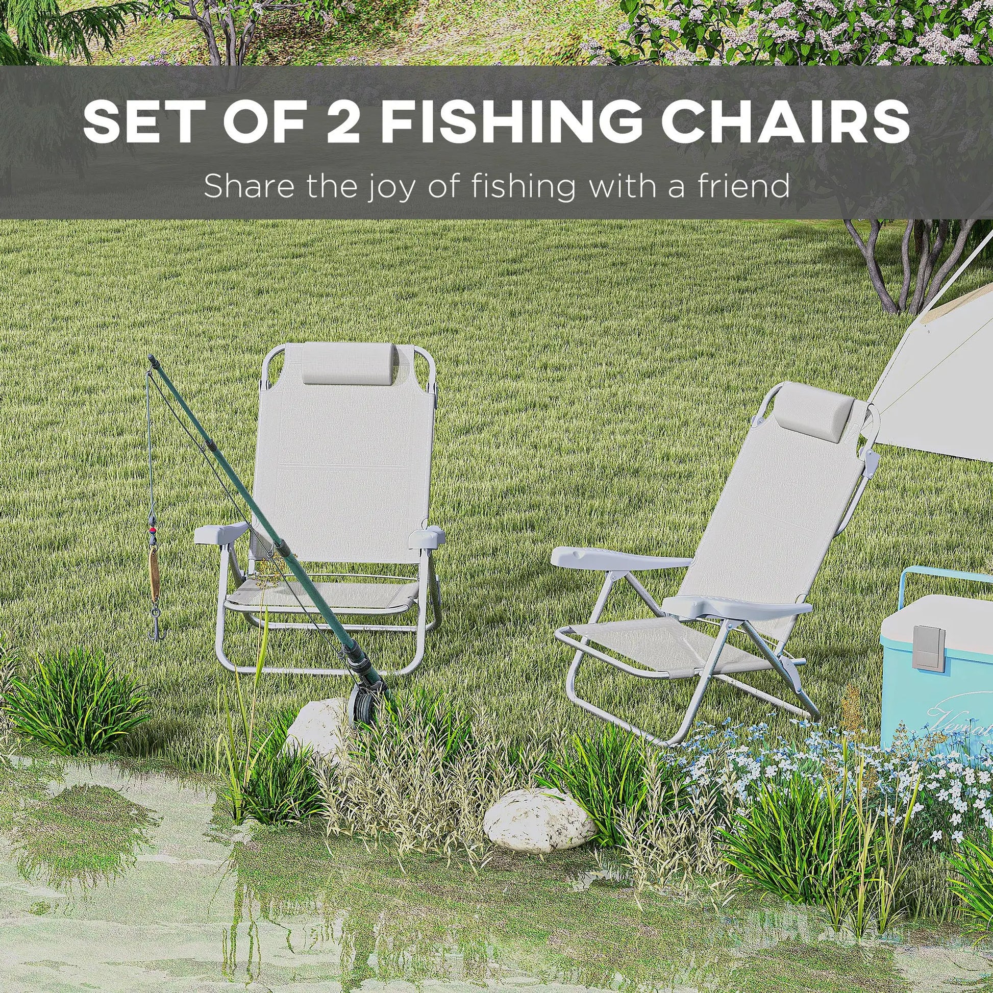 Set of 2 Fishing Chairs, Adjustable Backrest, Headrest, Light Grey Picnic Tables & Camping Chairs at Gallery Canada