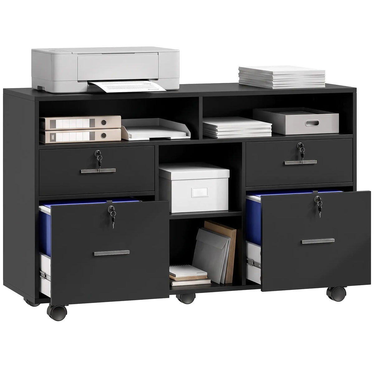 Filing Cabinet Locking Drawers Open Shelves 5 Casters, Black