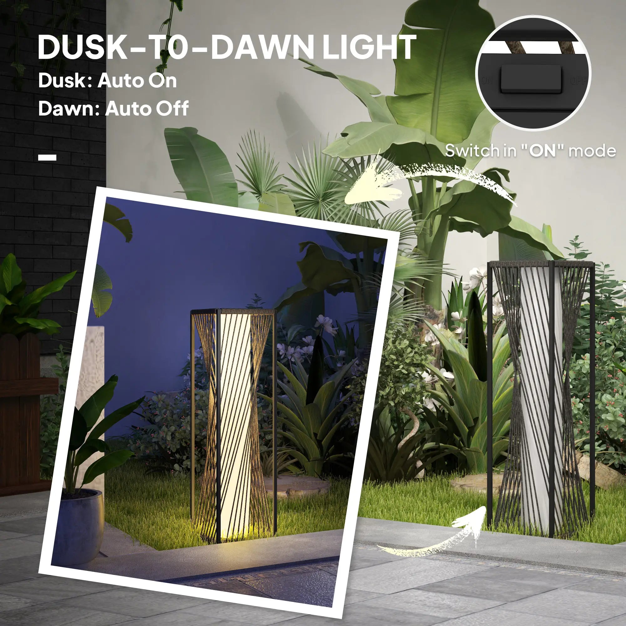 Rattan Solar Floor Lamp, Auto On/Off LED, IP44, Grey Solar Post Lamps at Gallery Canada